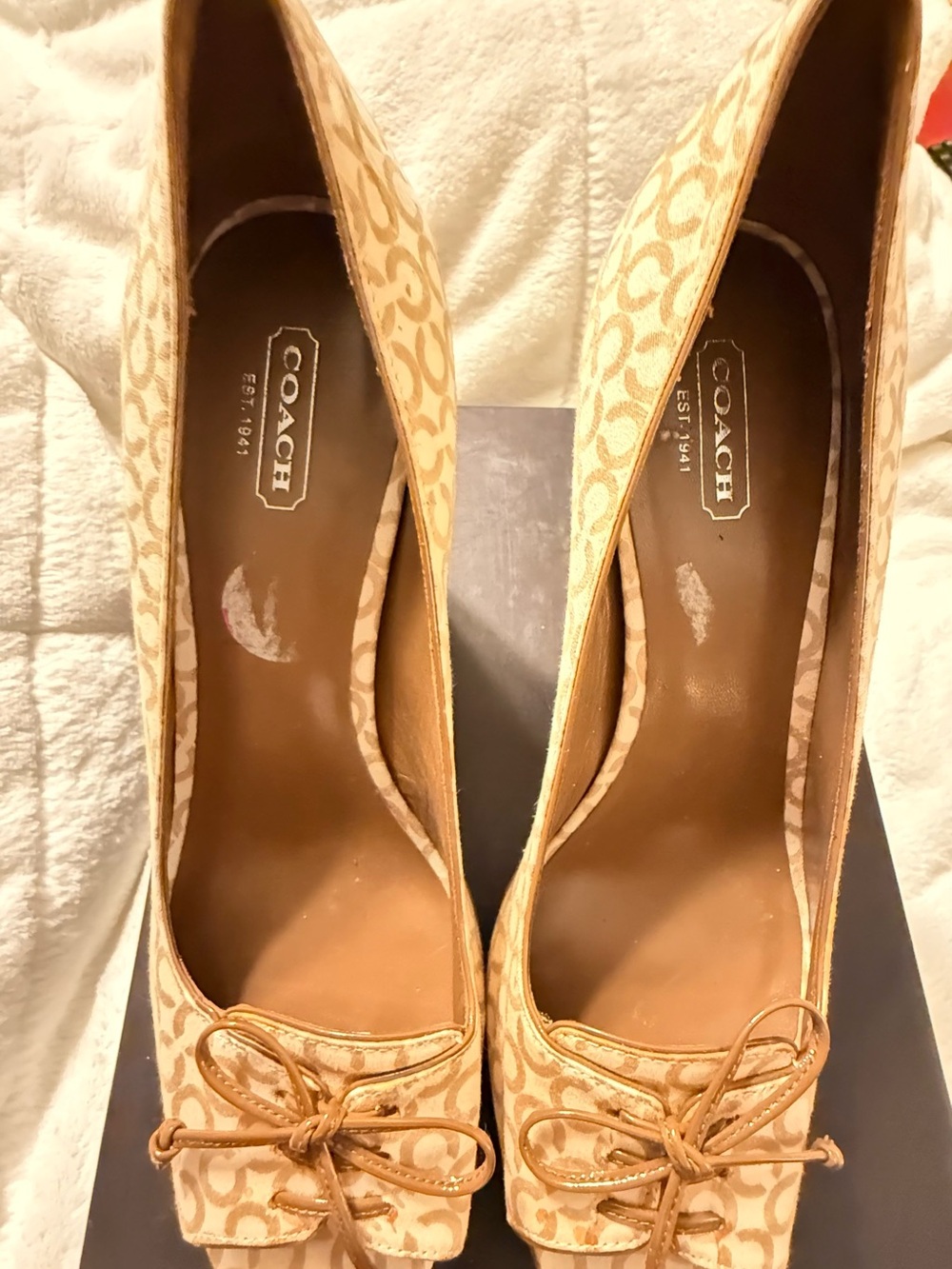 Coach Beige Signature Logo Pumps with Bow Detail